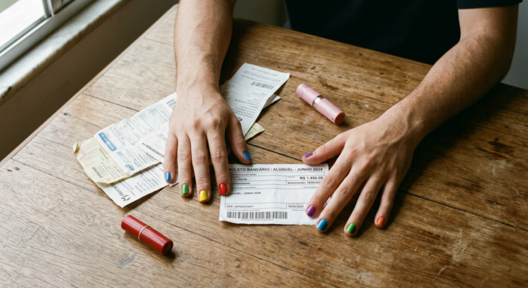 Mãos com unhas pintadas nas cores do arco-íris sobre boletos em uma mesa de madeira, com um boleto de aluguel ao centro e batons rosa e vermelho ao lado.
