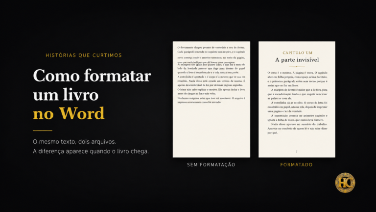 Comparação visual entre um texto sem formatação e um texto formatado no Word para publicação de livro digital e impresso.