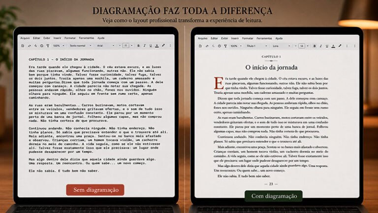 Comparação entre duas páginas de livro, uma com diagramação inadequada e outra com diagramação profissional.