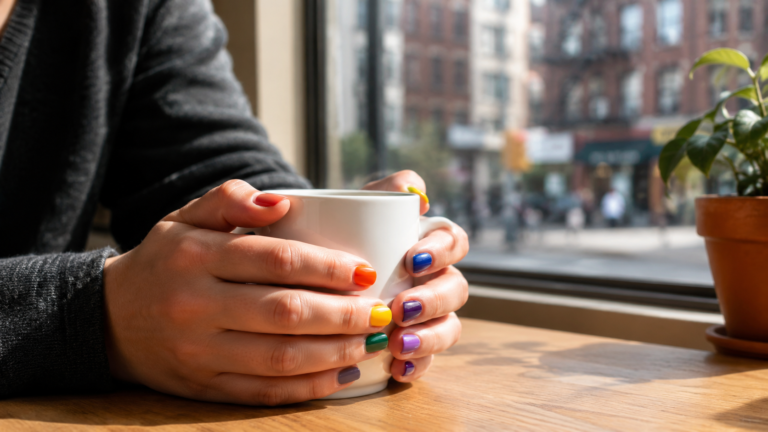 Mãos com as unhas pintadas nas cores do arco-íris segurando uma xícara de café branca sobre uma mesa de madeira, ao lado da janela de um café