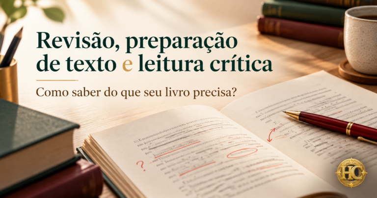 Imagem de um manuscrito aberto com marcações de revisão e caneta, acompanhada do título “Revisão, preparação de texto e leitura crítica: como saber do que seu livro precisa?”